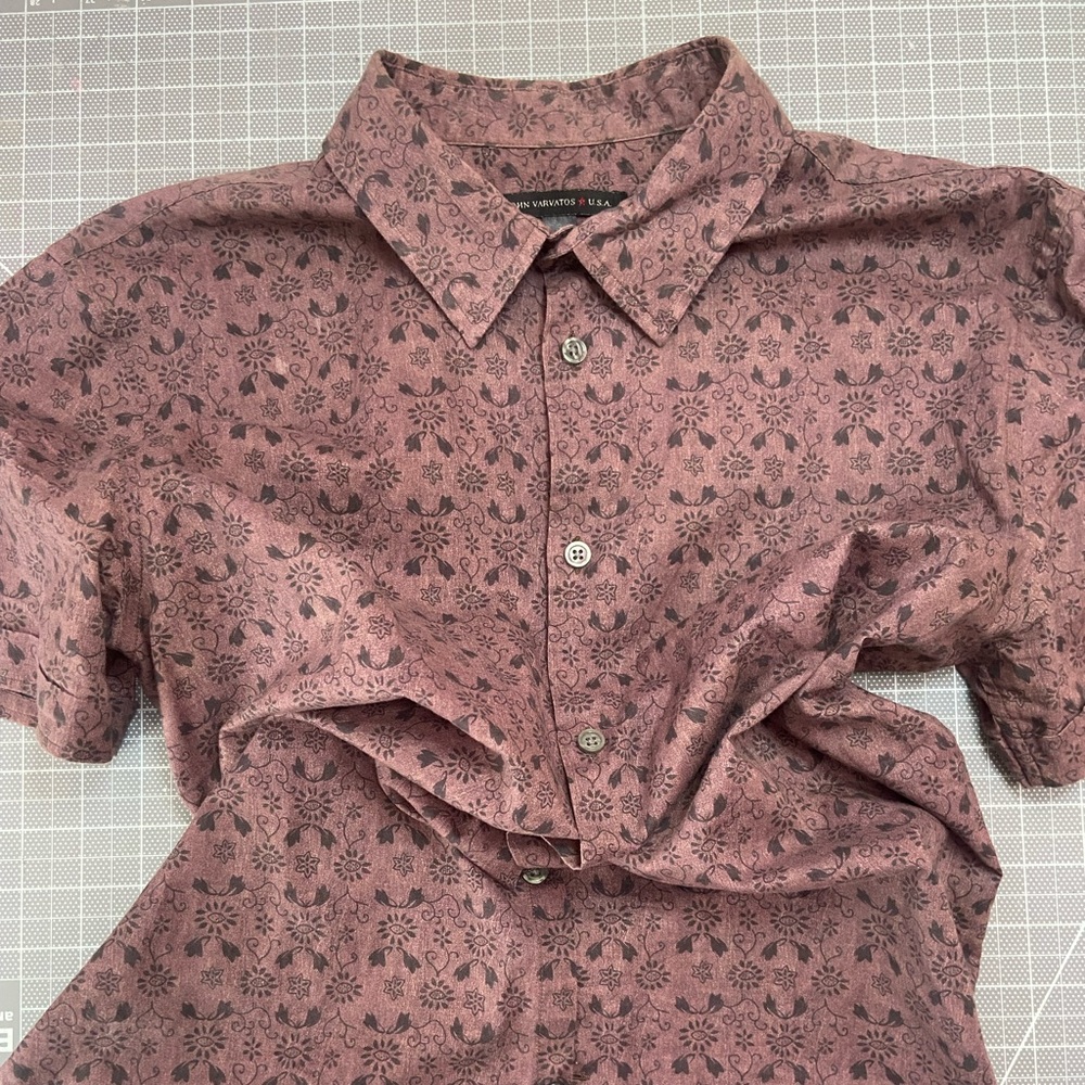 John Varvatos short sleeve button down in faded purple print